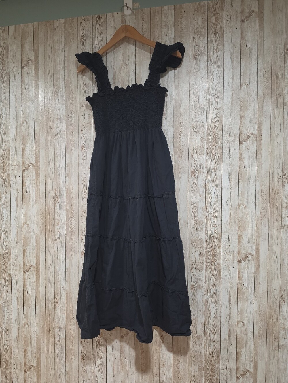 Hill House Home Nap Dress Black Square Neck Smocked Ruffle Maxi Sundress S Faded